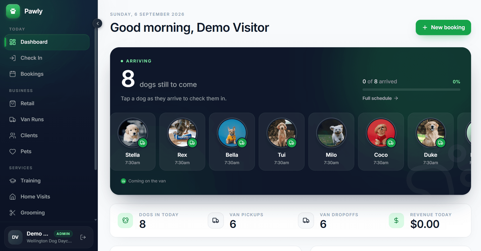 Pawly — dog daycare operations platform dashboard showing today's arrivals, van pickups and revenue
